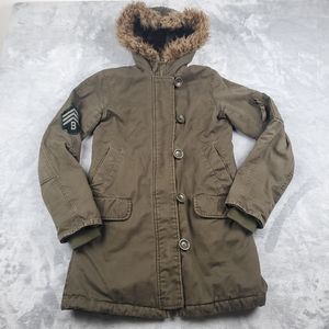BB Dakota Jacket Coat Womens Size S Army Military Green Faux Fur Trim Long Y2K